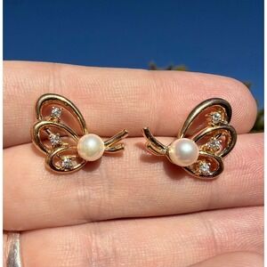 Mikimoto Akoya Pearl 14k Solid‎ Yellow Gold Natural Diamond Earrings Butterfly